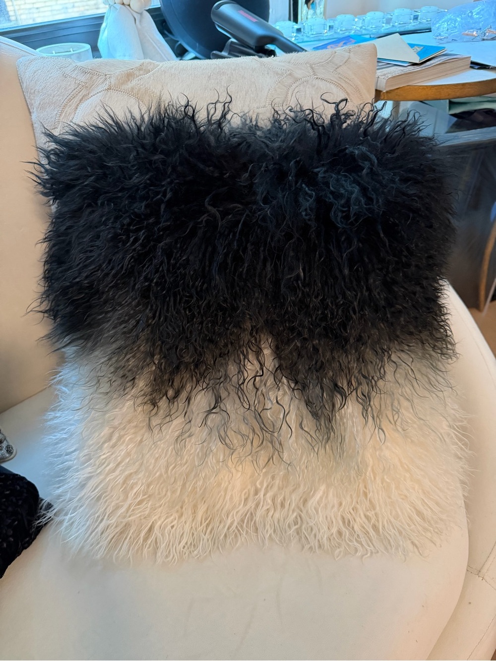 Black and Cream Mongolian Fur Throw Pillow - 15x15
